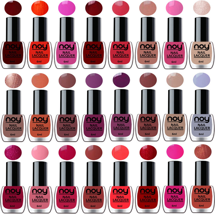 NOY Glossy Shine Nail Polish Set of 24 in Wholesale Price Multicolor Bulk Rate Nail Lacquer Combo Combo-No-01 Violet,Brown,Nude,Light Grey,Pink,Dark Wine,Nude,Orange,Pink and Many More(Pack of 24)