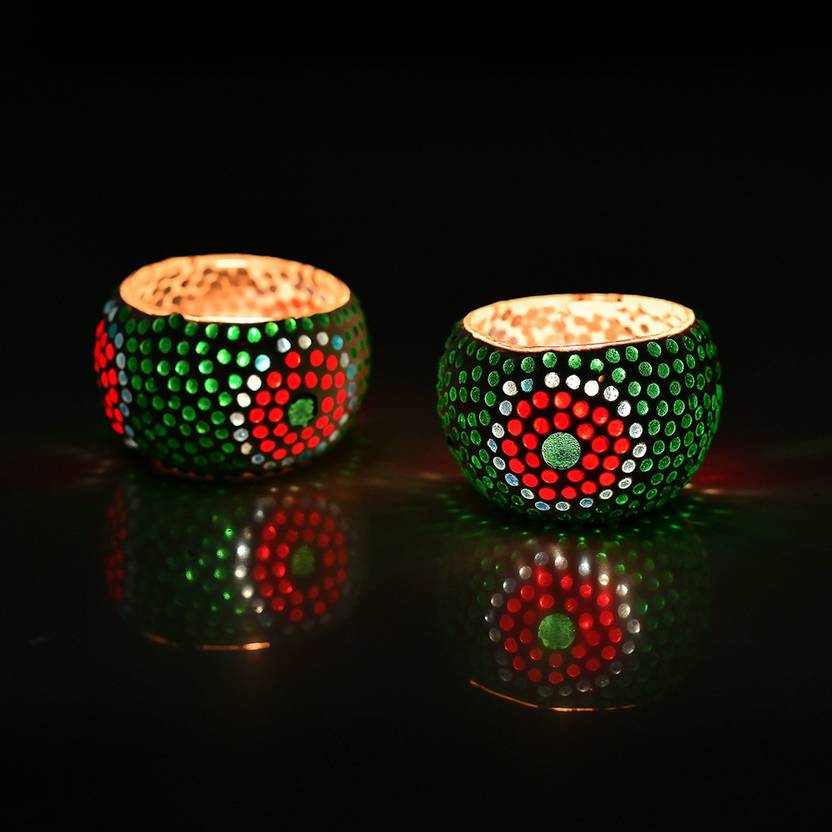 Flipkart SmartBuy Moroccan Green Glass Round Mosaic Candle Holder, Tea