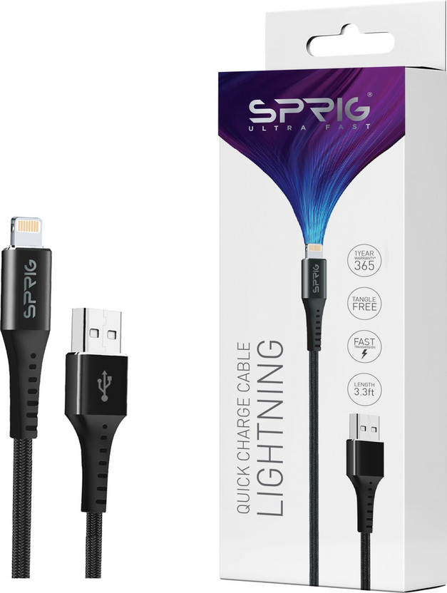 Sprig Lightning Cable 3 A 1 m Nylon Braided Charging Cable PHN-NB-3A-B(Compatible with iPhone 12 pro max, iPhone SE, iPhone XR, iPhone series, Black, One Cable, USB Type A To Lightning)
