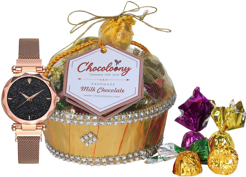 Chocoloony Chocolate Gift Pack Women Girls 20pcs Chocolate with Watch (120gm) Bamboo Gift Box(Gold)