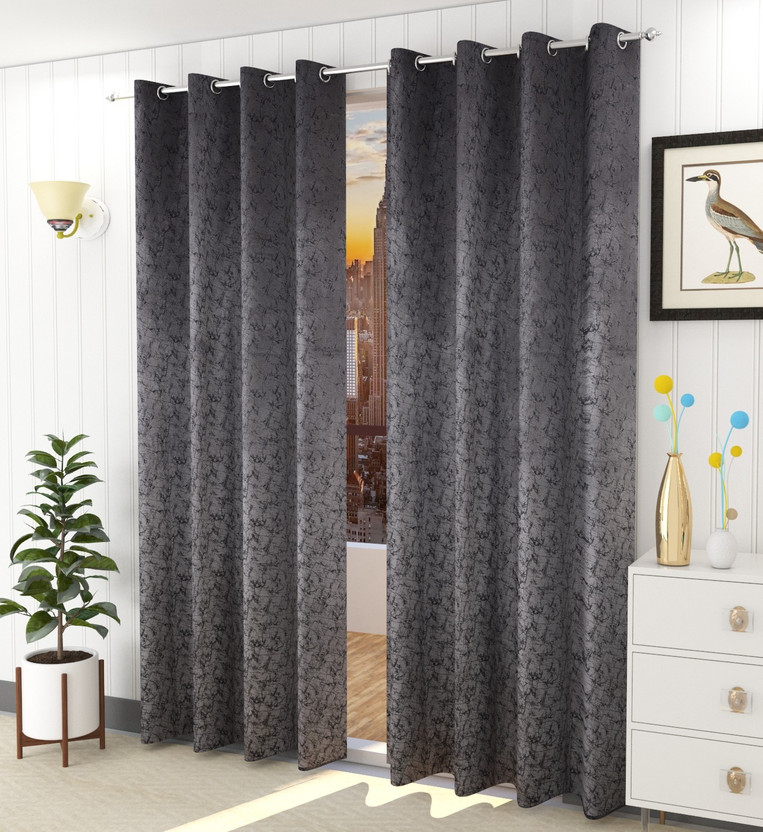 LaVichitra 213.5 cm (7 ft) Door Velvet Blackout Curtain (Pack Of 2)(Grey, Self Design)