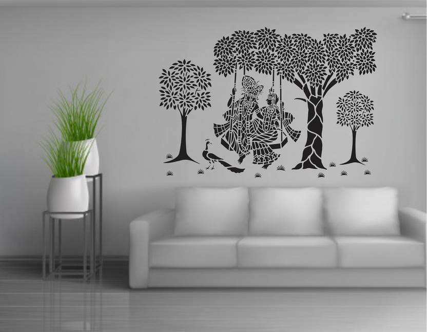Croun Decals Radha Krishna With Tree And Jhula Wall Decal Sticker (pvc