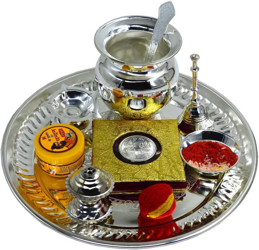 ME&YOU Silver Plated Puja Thali set (Silver Plated Pooja Plate, Kalash