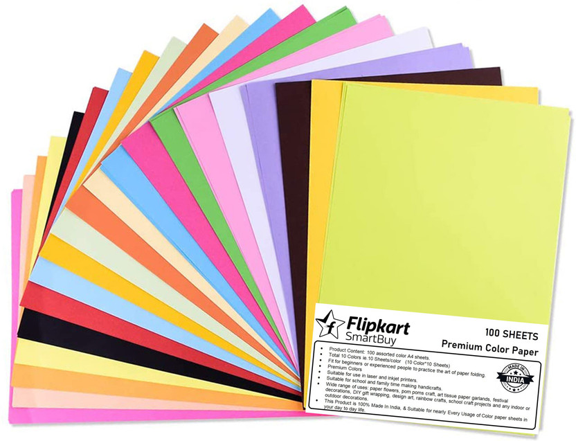 Flipkart SmartBuy 100 Pcs. Craft Paper Sheets A4 Size (Colors) for Students, Kids, Children Home School Hand Craft Paper Unruled (Set of 1, Multi color) Unruled A4 75 gsm Coloured Paper(Set of 1, Multicolor)