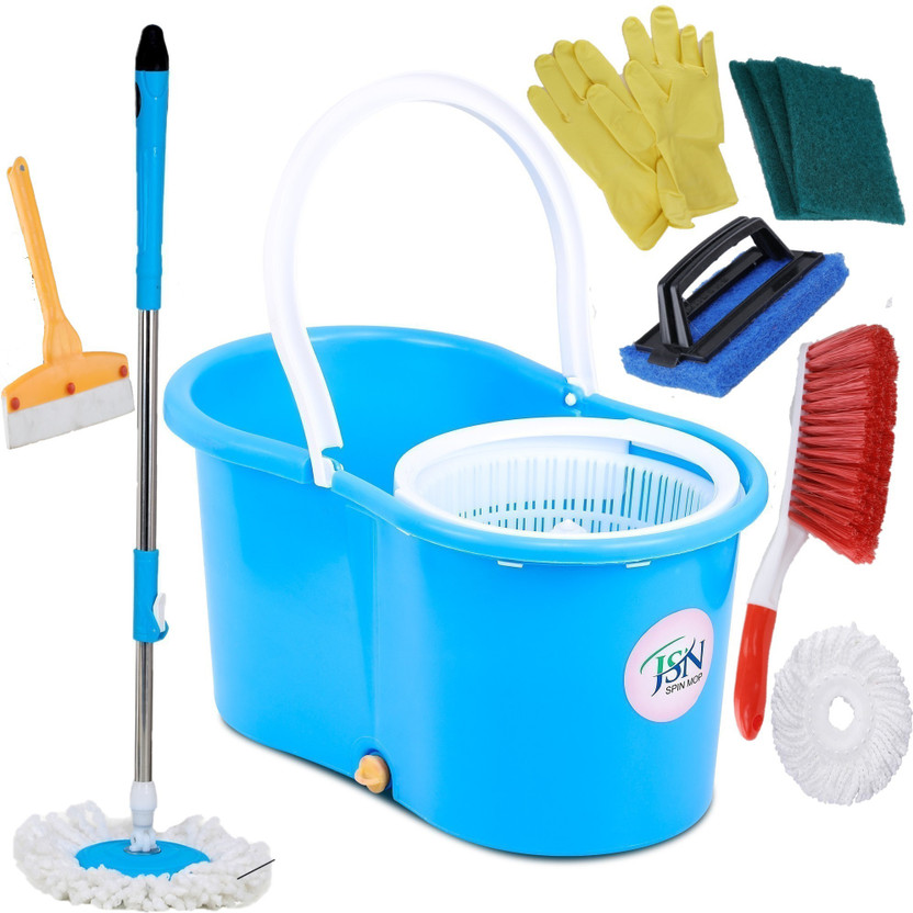 JSN Home Cleaning Magic Dry Spin Floor Cleaner Mop Combo Set With Bucket 2 Bucket, Mop, Mop Refill, Glove, Cleaning Brush, Scrub Pad, Floor Wiper