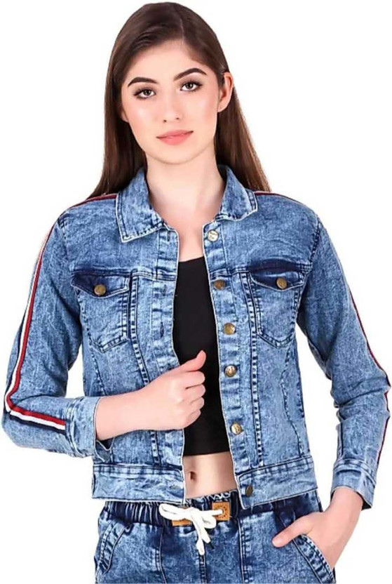 Full Sleeve Striped Women Denim Jacket 