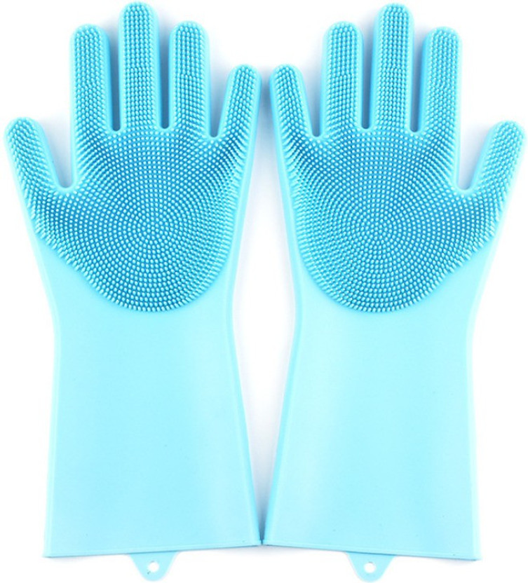 Epaal Silicone Dish Washing Scrubber Clean/Scrub Pets, Dish, Kitchen, Bathroom (Blue) Wet and Dry Glove Set(Free Size Pack of 2)