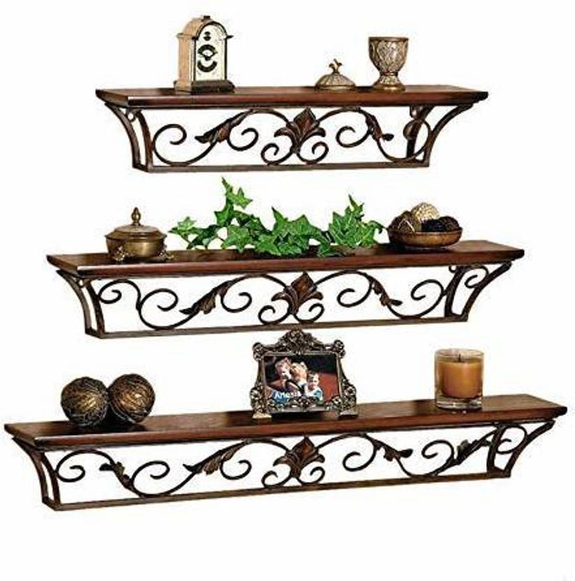 Decorhand Wall Mount Set of 3 Iron Wall Shelves Wooden, Iron Wall Shelf Metal Display Unit Price