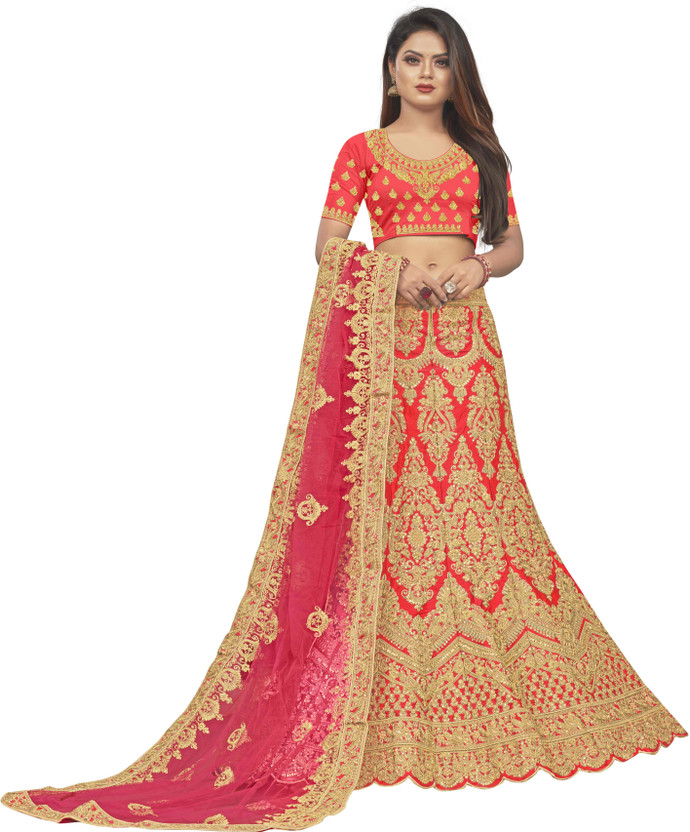 Hensi Hensi sarees shop Embroidered Semi Stitched Lehenga Choli(Orange) - Flipkart Deal