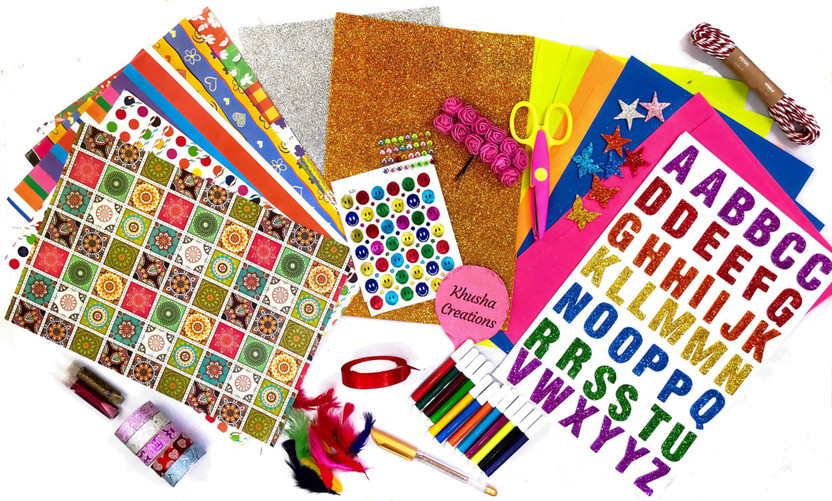 KHUSHA CREATIONS Paper Kit For Craft : Designer Printed Craft paper , Glitter Foam sheets , Craft papers and Decoration Material for Scrapbook Making , Greeting card Making , Poster making , Gift making , DIY projects / Art and Craft kit / Craft Material kit / Craft Hobby
