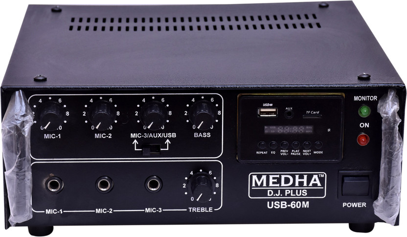 MEDHA D.J. PLUS Professional 60WATT Recording P.A. Amplifier 3 Microphones 1-Aux and 1-USB Input 60 W AV Power Amplifier(Black)