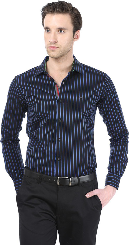 blue and black striped shirt