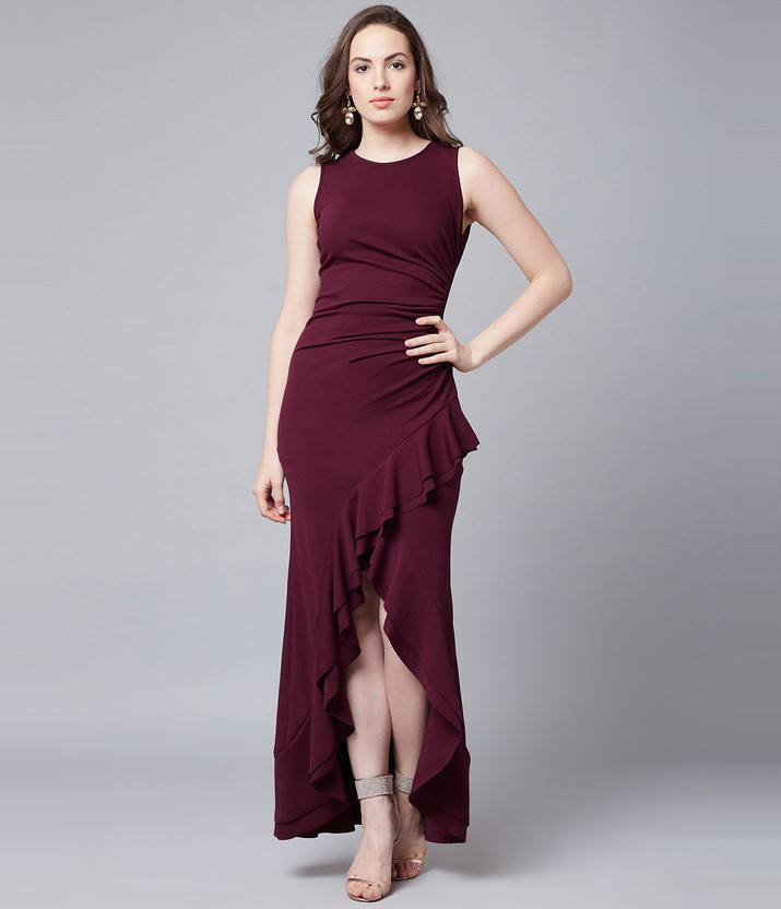 ATHENA Women Asymmetric Maroon Maxi/Full Length Dress