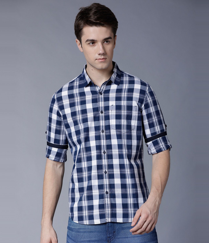 Dark blue and white check shirt
