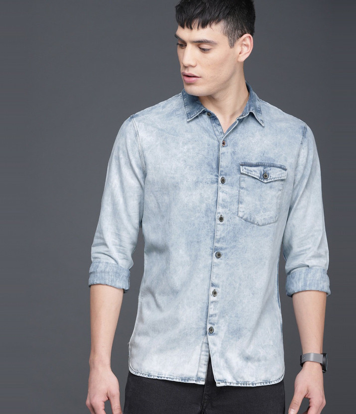 WROGN Men Washed Casual Blue Shirt
