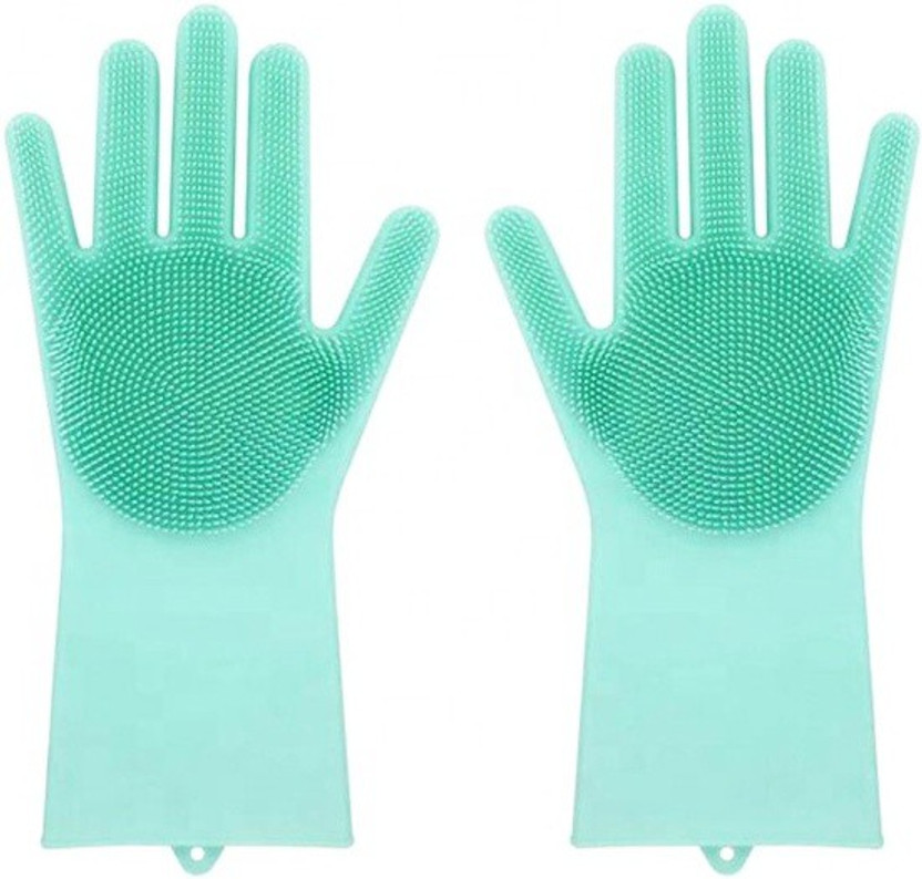 Epaal Silicone Dish Washing Scrubber Clean/Scrub Pets, Dish, Kitchen, Bathroom (Green) Wet and Dry Glove(Free Size)