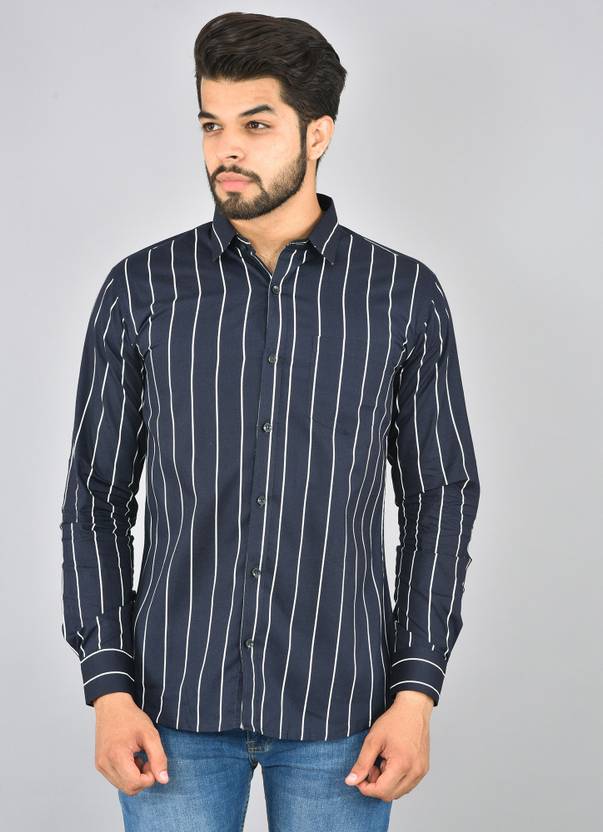 dark blue striped shirt