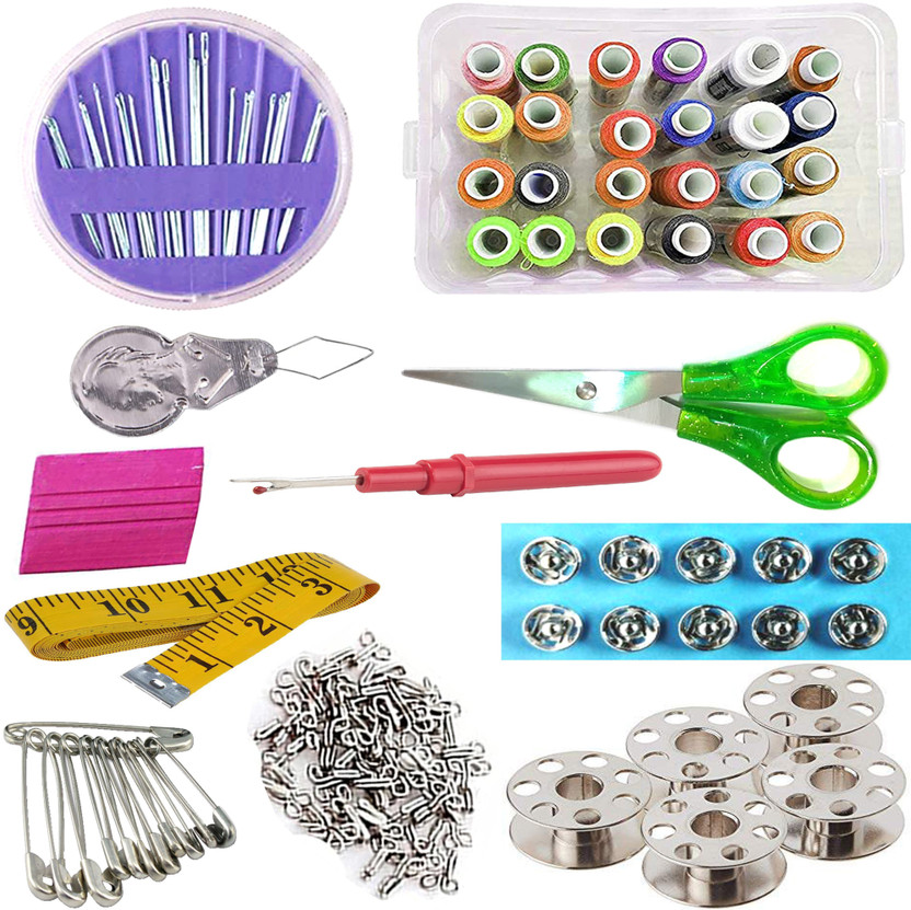7Q7 Sewing Kit - 12 in 1-24 Polyester Spool Stitching Thread & Accessory Storage Box (Muticolour) / Thread Cutter/Needle/Thread Cutter / Scissors/Measuring Tape Sewing Kit