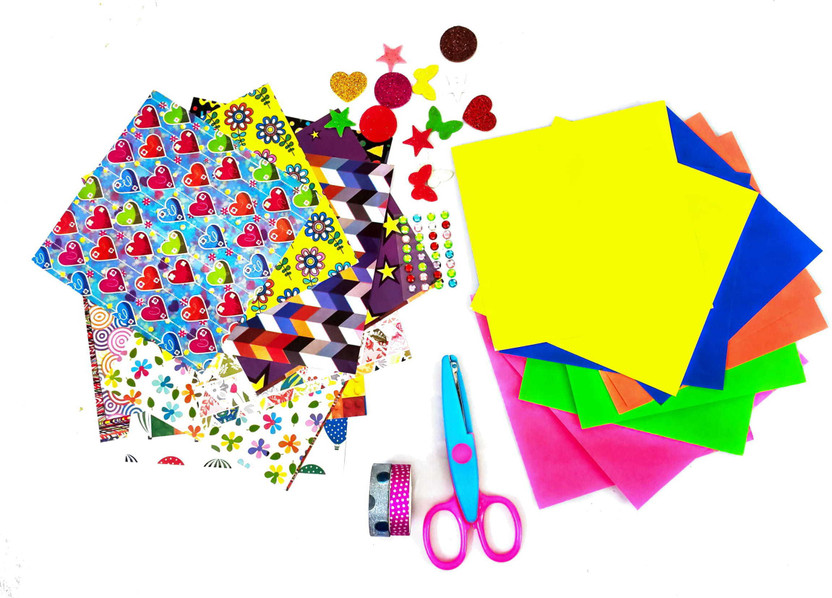 KHUSHA CREATIONS Paper Craft KIt: Designer Printed Craft Paper , Multicolor Craft papers with Craft Scissors And Decoration Materials for Scrapbook Making , Paper Craft , Greeting card Making , Poster making , DIY projects / Art and Craft kit for Kids / Gift for Kids / Craft Material kit / Craft Hob