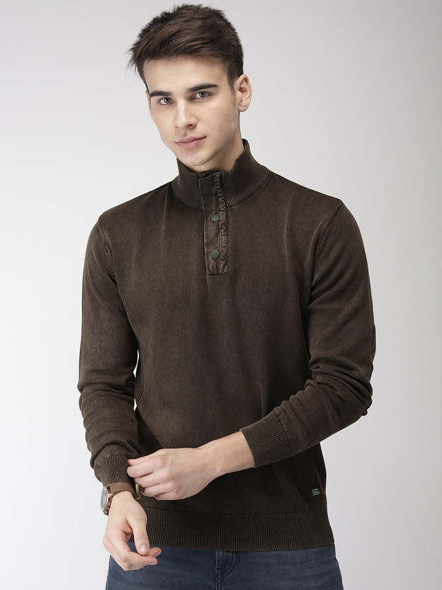 Neck Casual Men Brown Sweater 