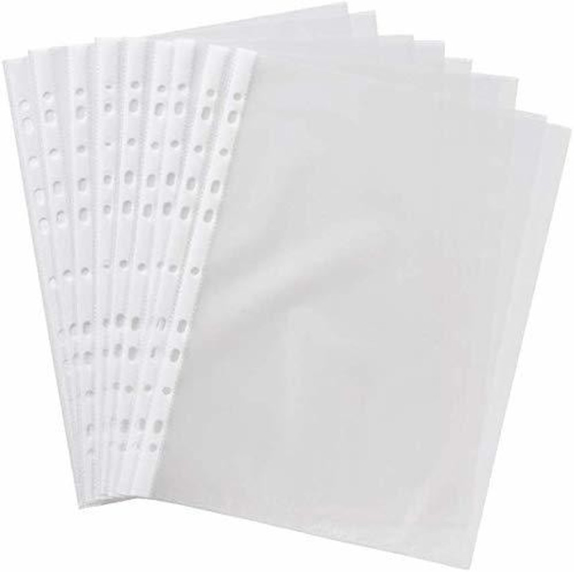WeKonnect Glossy Transparent Document Sleeves, Clear Certificates | Water Proof Sheet Protectors 11 Holes Punched Ring Files A4 Size | 50 Microns (Pack of 100) Plastic Folders(Set Of 100, White)