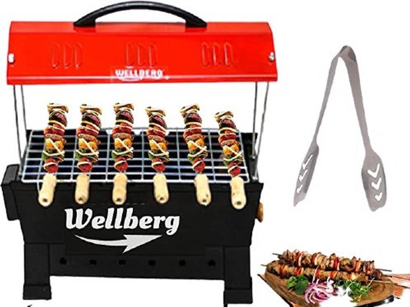 WELLBERG Multipurpose Electic and Non Electric Charcoal Barbeque (Black, Iron) 4 pcs wooden