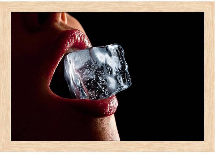 Ice Cube In A Womans Mouth Paper Poster Natural Brown Frame Top