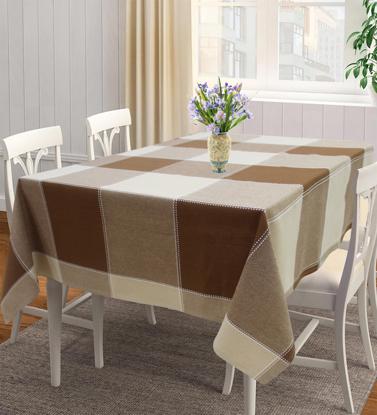 AIRWILL Cotton 4 Seater Checkered Table Cover(Brown, Beige)