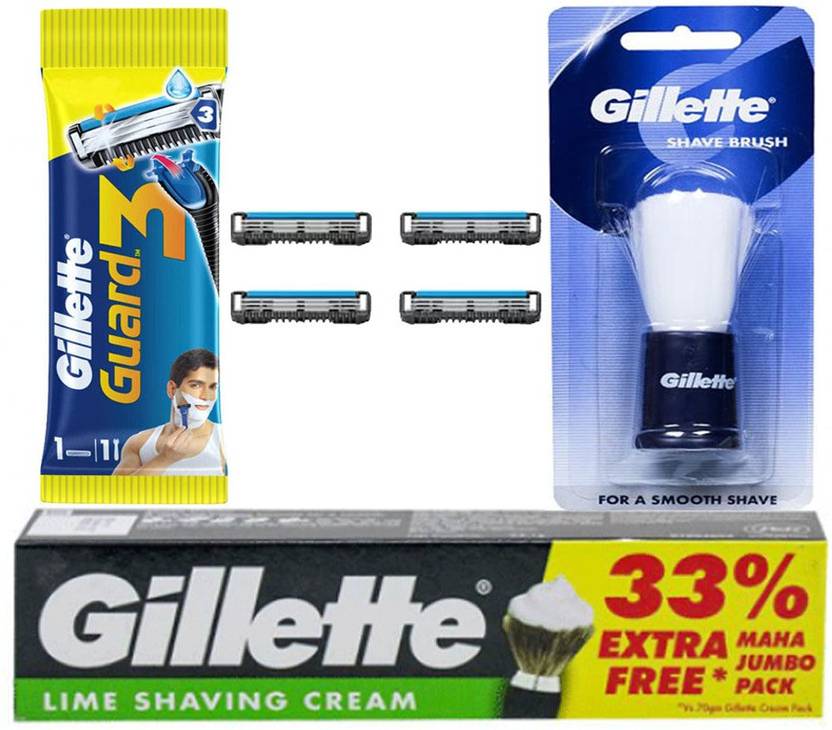 GILLETTE Guard 3 Shaving Combo Cartridge 4N, Shaving Brush, Shaving Cream and Razor Price in