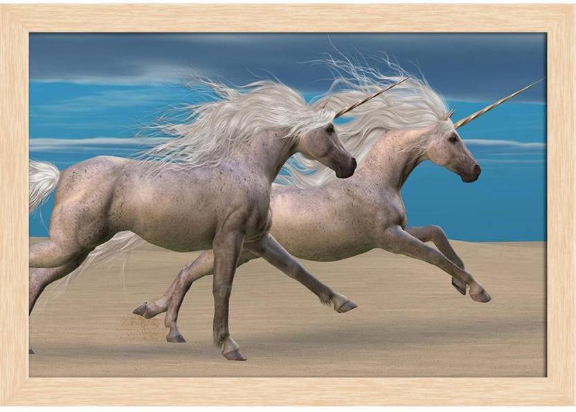 Two White Unicorn Horses Paper Poster Natural Brown Frame | Top Acrylic