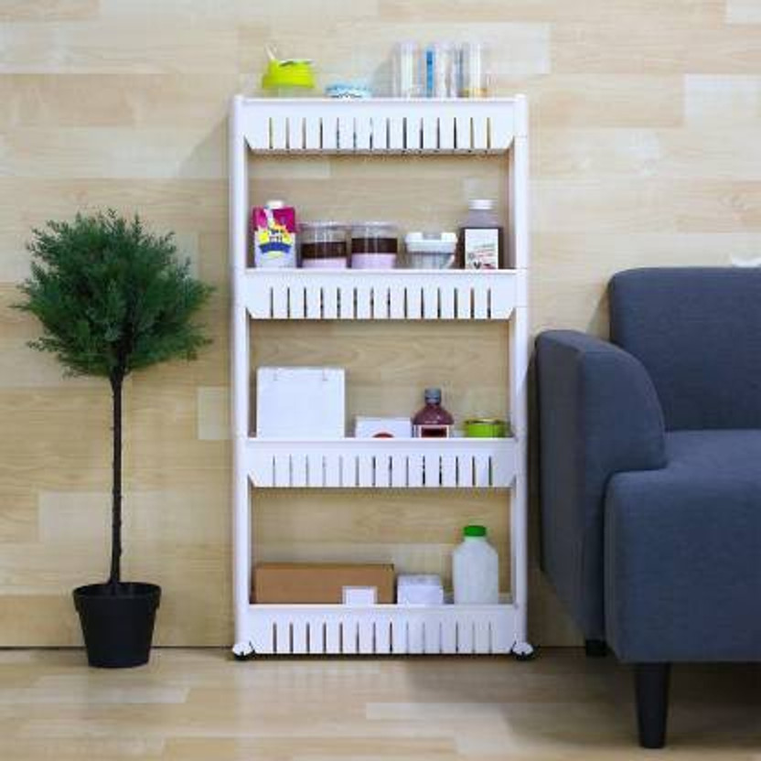 Shopixo 4 Layer Unit Slim Slide-Out Storage Tower Pull Out Pantry Plastic Rack Shelves Cart for Kitchen Bathroom Bedroom Laundry Room Narrow Places on Wheels White Plastic Kitchen Trolley Plastic Kitchen Trolley(DIY(Do-It-Yourself))