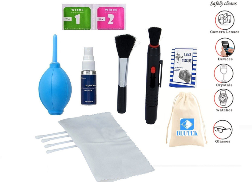 blutek Professional 9 IN 1 Multi-Purpose Cleaning Kit for Cameras, Lenses, Binoculars, LCD, Laptops, Desktops, Keyboards, etc, Includes Cloth, Brush, Liquid Solution, Powerful Dust Blower, Cotton Swabs, Magic Lenspen ,Cleaning Tissue Lens Cleaner,Wet wipes,Dry wipes (20 ml, 4x4 inch, Cotton Pouch Pa