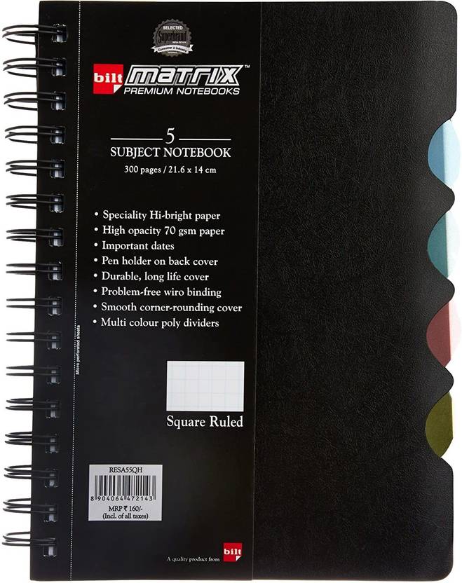 bilt Matrix 5 Subject Notebook A5 Note Book Square Ruled 300 Pages