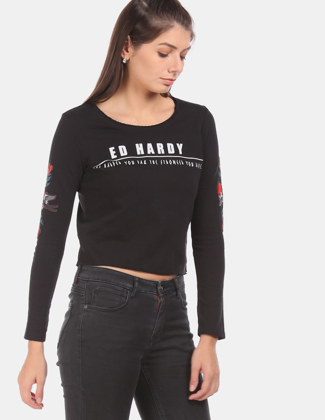ED HARDY Printed Women Round Neck Black 