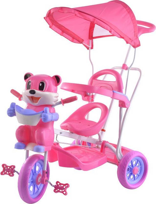 Pink color kids tricycle front and back basket with parent