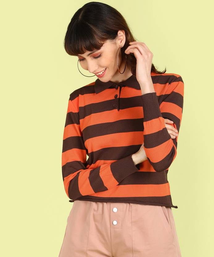 Insua Women Striped Polo Neck Polyester Orange T-Shirt