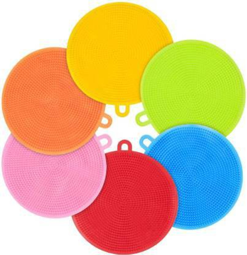 SEASPIRIT Round shape Silicone Washing Sponge Silicone Dish Scrubber Fruit and Vegetable Washing Brush Round Scrubber Pad Multipurpose Silicone Dishwashing Tools for Kitchen(pack of 6) Scrub Pad(Regular, Pack of 6)