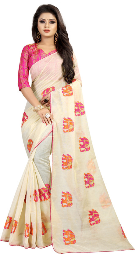 Online Bazaar Embroidered Bollywood Chanderi Saree(Beige)