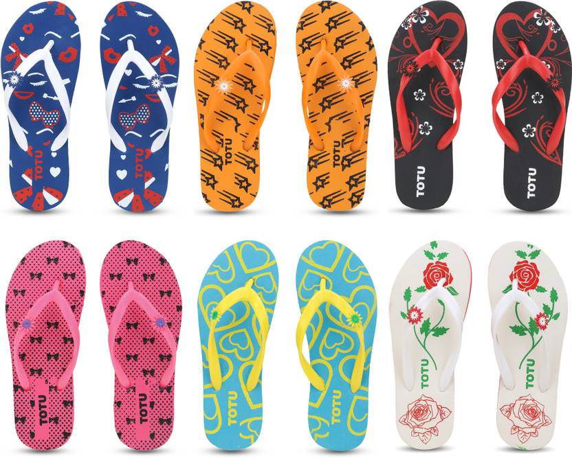 [Sizes 5, 6, 7, 8] TOTU Womens Comfort Stylish Trending with colorful Printed Slippers combo (Pack Of 6 pairs) size 8 Flip Flops  (Multicolor 8)