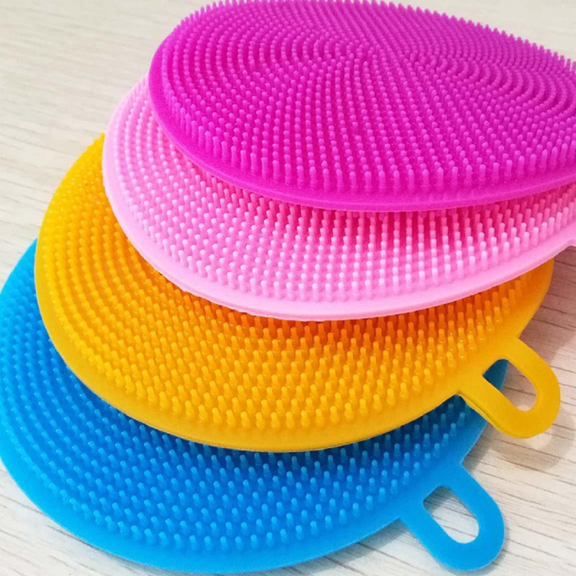 DEETTO Silicone Washing Sponge Antibacterial Silicone Dish Scrubber Fruit and Vegetable Washing Brush Round Scrubber Pad Multipurpose Silicone Dishwashing Tools for Kitchen Scrub Pad(Medium)