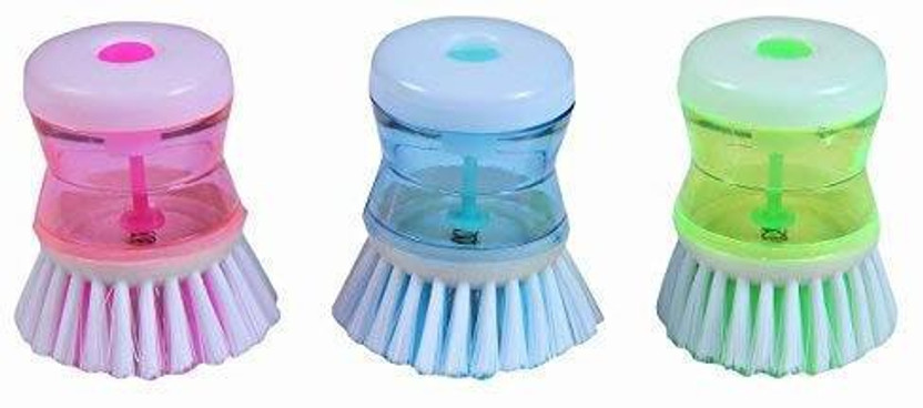 STRUGGLINGINC DishWashbasin Plastic Cleaning Brush with Liquid Soap Dispenser Plastic Wet and Dry Brush(Multicolor, 3 Units)