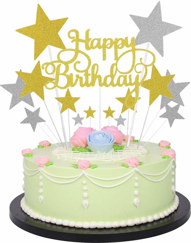Party Propz Happy Birthday Cake Topper Decoration 15Pcs with Golden Silver Glitter and Stars Cupcake Toppers for Kids Boy's Girls Adults 30th, 40th, 50th,60th Bday Decorations Items/ Cake Accessories, Cards, Tags Cake Topper(Gold, Silver Pack of 15)