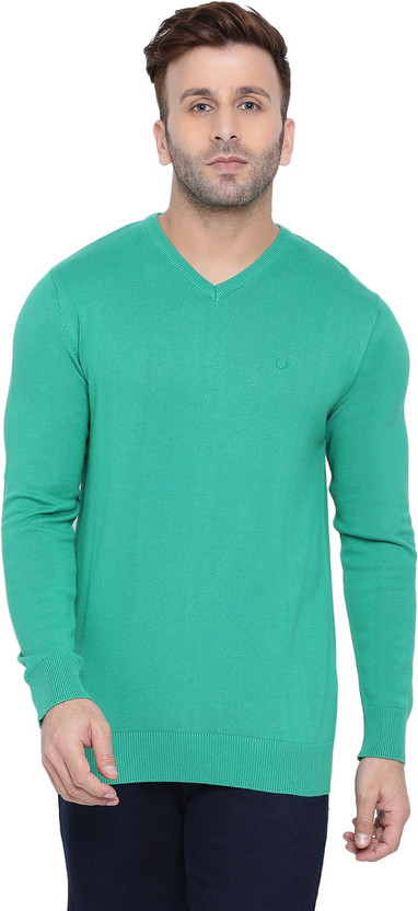 Unex Solid V Neck Casual Men Green 