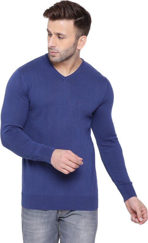 Unex Solid V Neck Casual Men Blue 