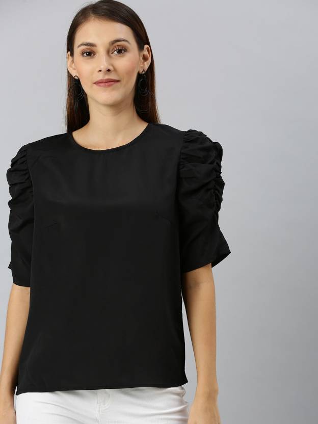 Sera Casual Puff Sleeve Solid Women Black Top - Buy Sera Casual Puff Sleeve  Solid Women Black Top Online at Best Prices in India | Flipkart.com
