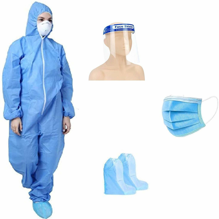 AARYA PPE KIT with Full Body Coverall head cap , Gloves, Shoe Cover, Face Mask, Face Shield, Complete PPE kit for Doctors, Washable & Reusable Safety Jacket (blue) (70gsm ) made in india Safety Jacket(blue)
