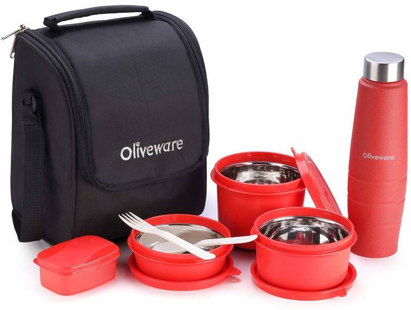 Oliveware Teso Lunch Box Red with Bottle 3 Stainless Steel Containers, Pickle