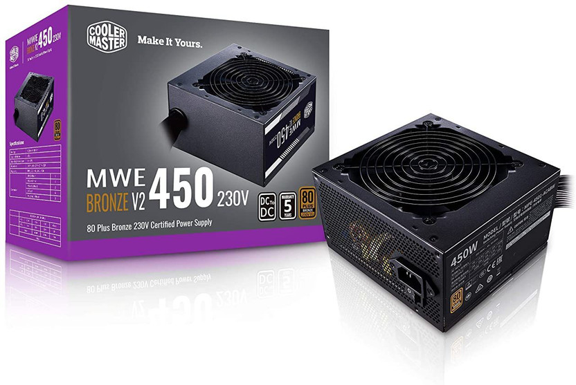 COOLER MASTER MWE 450 Bronze V2 230v, 80 Plus Bronze Certified 450 Watts Computer PSU with 6 SATA Cables(Black)
