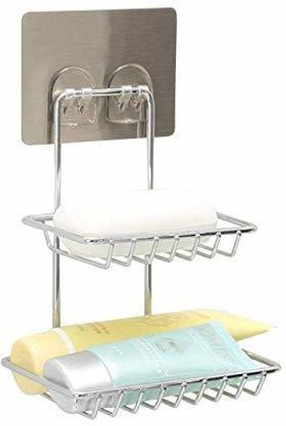 VEWIKZY SelfAdhesive Wall Mounted Double Layer Stainless Steel Soap Stand for Kitchen
