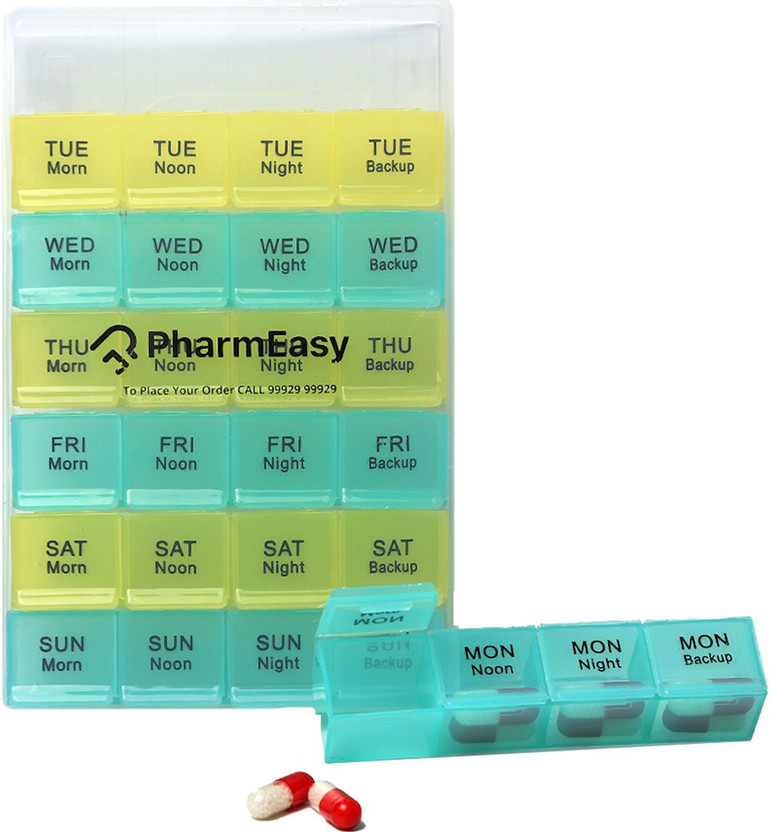 PharmEasy 7-Day( 4 times a day) Pill Medicine Organizer Box, Medicine Reminder & Storage Box for 28 Days or 4 Weeks, Pack of 1 Pill Box(Blue, Green)